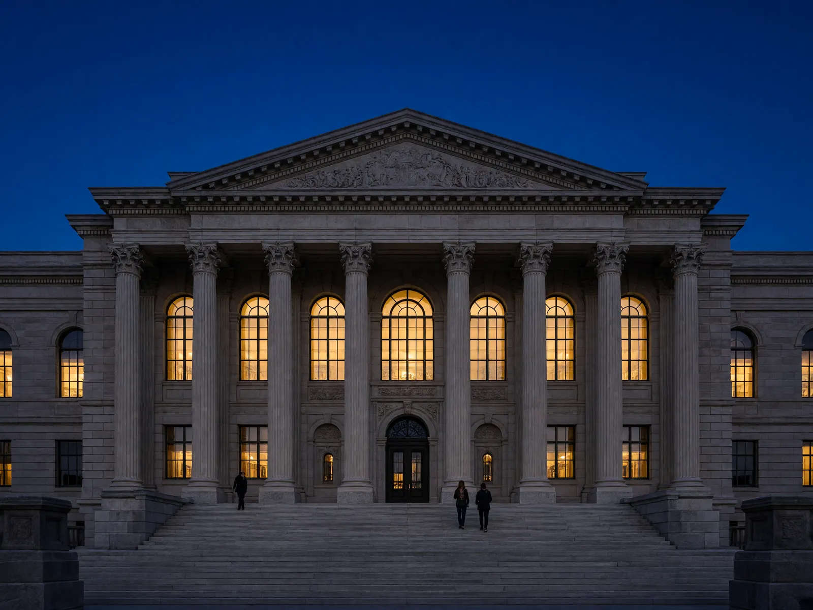 A columned law school building glowing at dusk