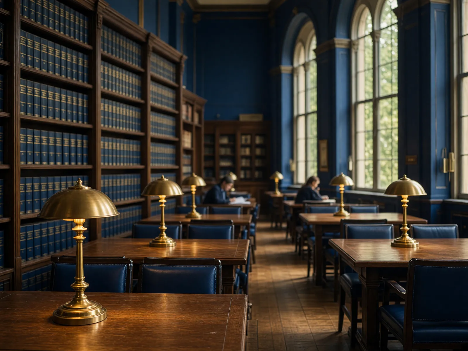 A law library reading room with long tables, brass lamps, and shelves of bound law reporters