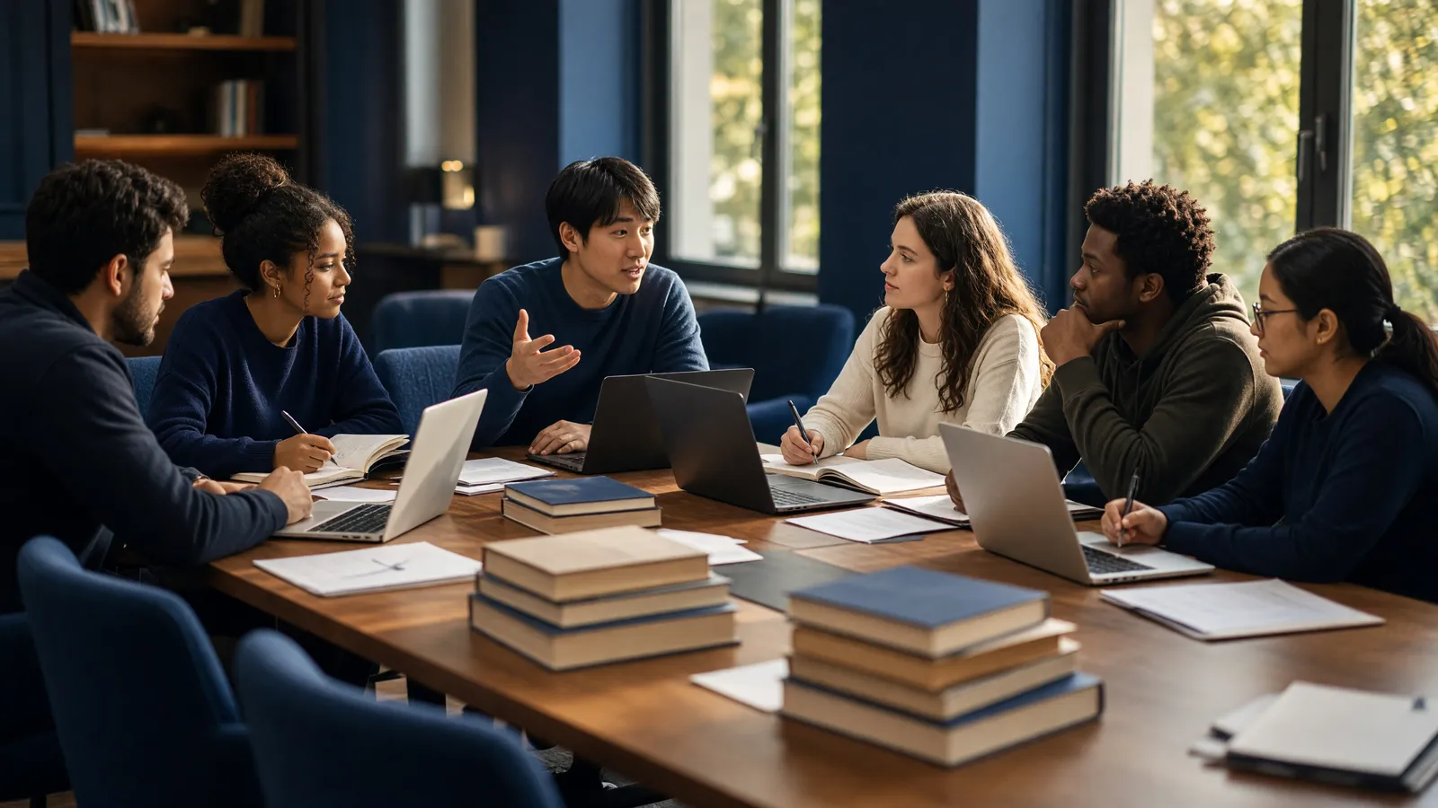 Law students working through casebooks together around a seminar table