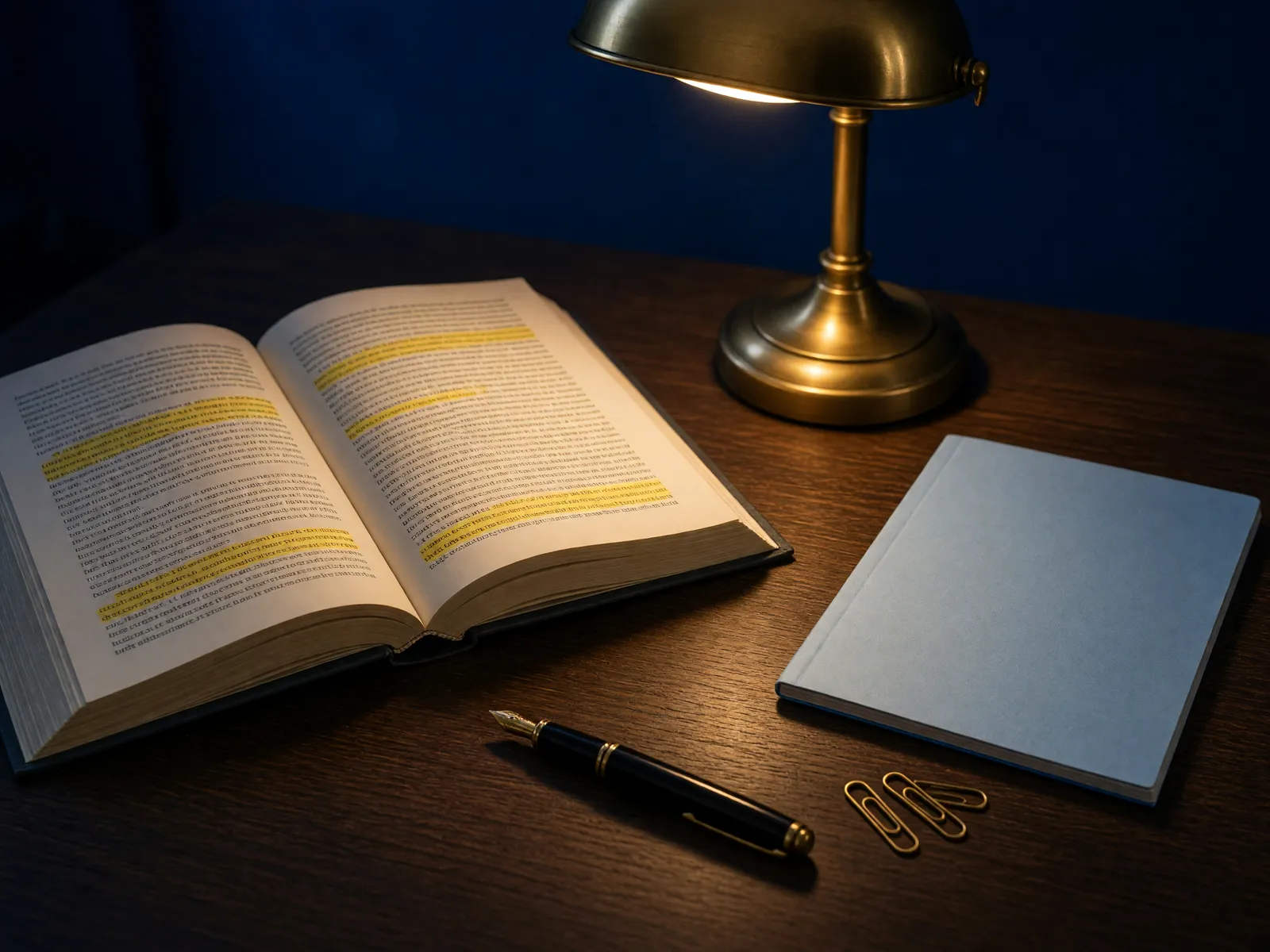An open casebook with highlighted passages beside a blue exam booklet and a brass desk lamp